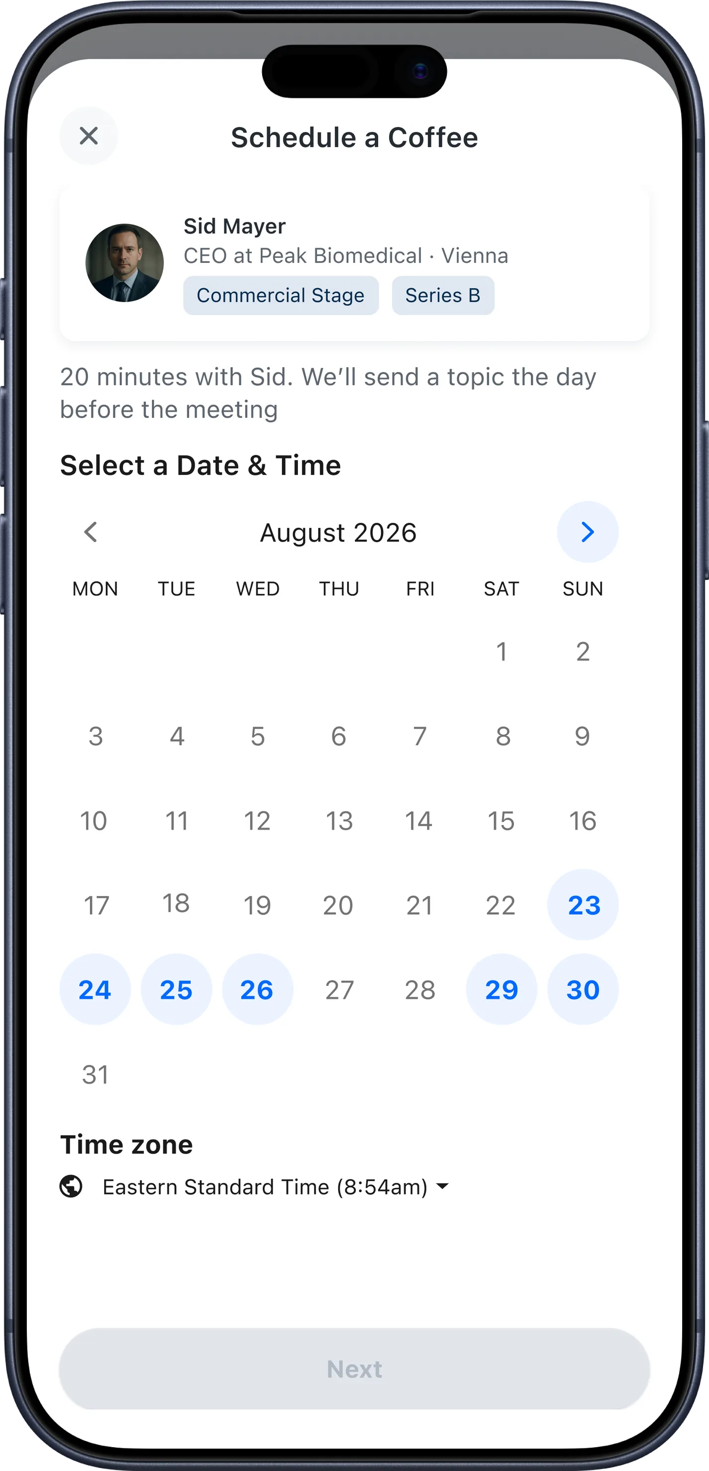 CEO XB coffee chat scheduling calendar showing Sid’s available dates in August with a time-zone selector